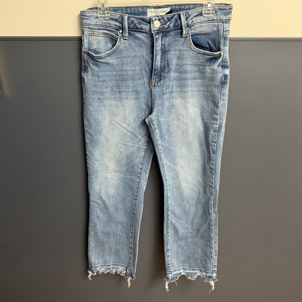 Risen Jeans Women's Light Blue Denim High-Rise Crop Straight Distressed Sz 11/30